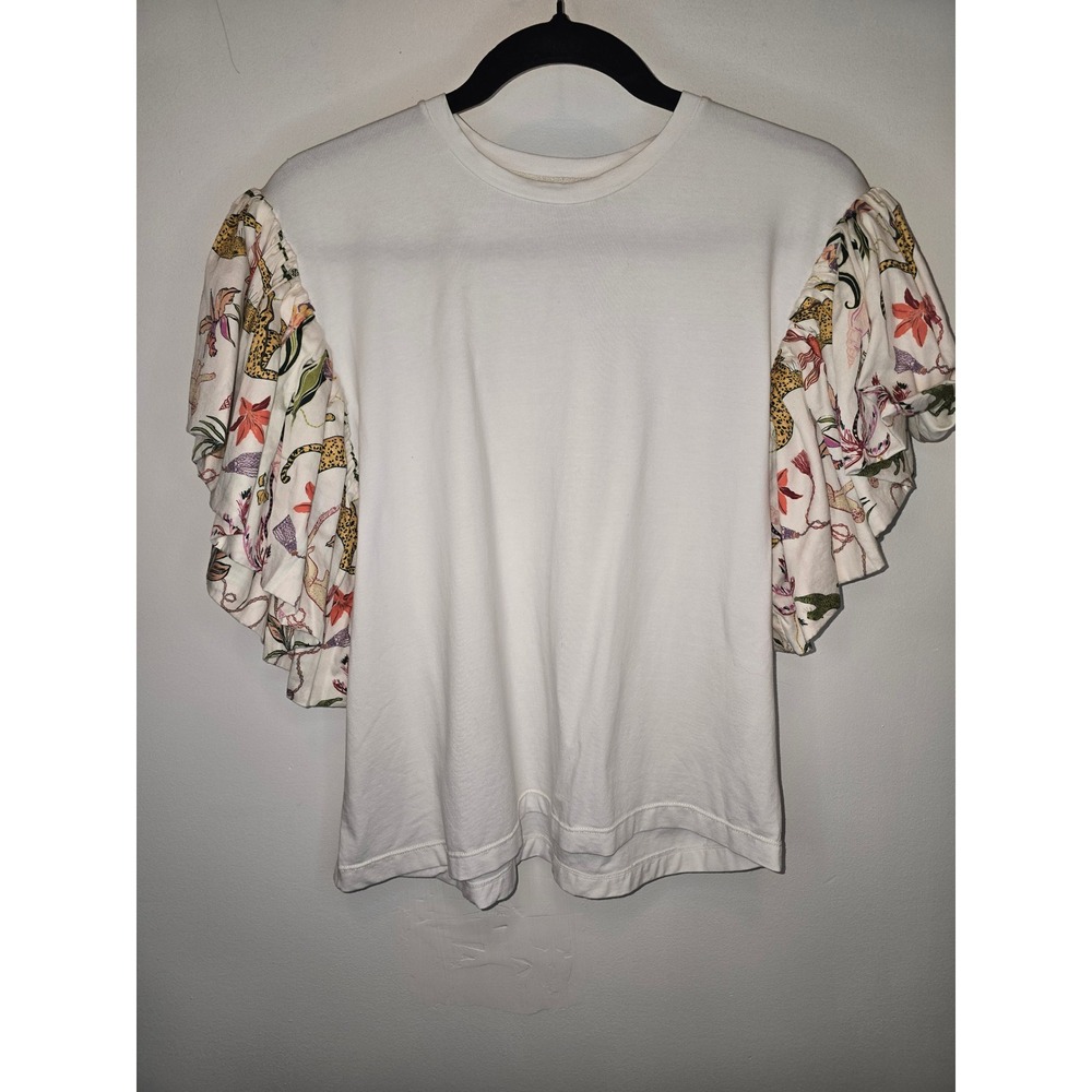 Eugenia Fernandez Tropics White T-Shirt Leopard Monkey Ruffle Sleeve Medium